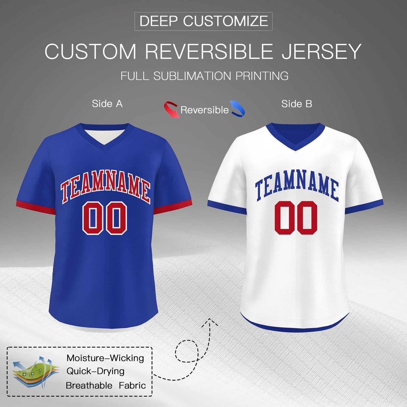 Custom Royal Blue White Red Reversible Classic Style Breathable Baseball Jersey| KXKSHOP