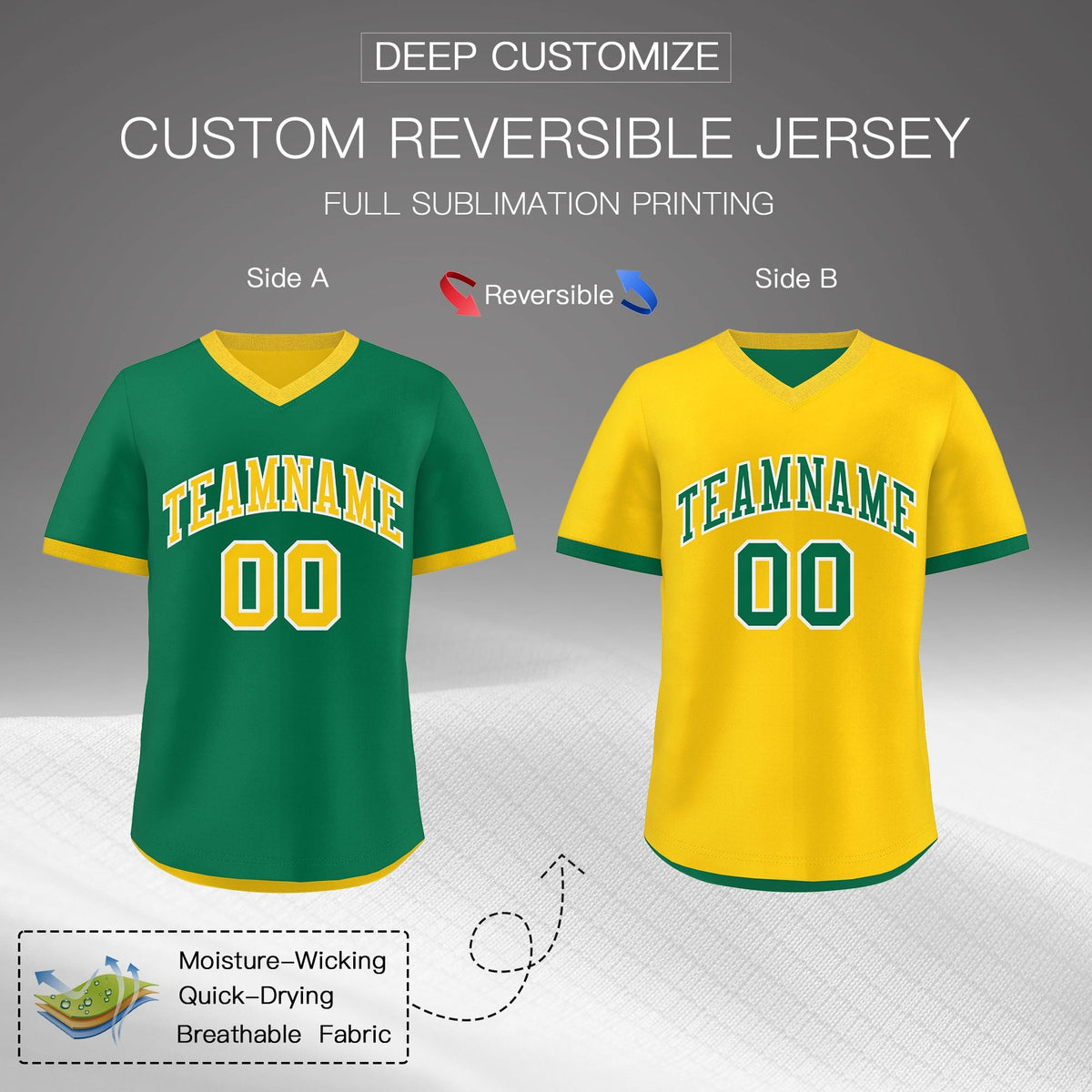 Custom Kelly Green Gold Reversible Classic Style Quick Dry Baseball Jersey| KXKSHOP