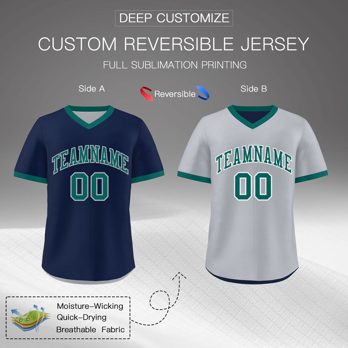 Custom Teal Silver Reversible Classic Style Quick Dry Baseball Jersey| KXKSHOP