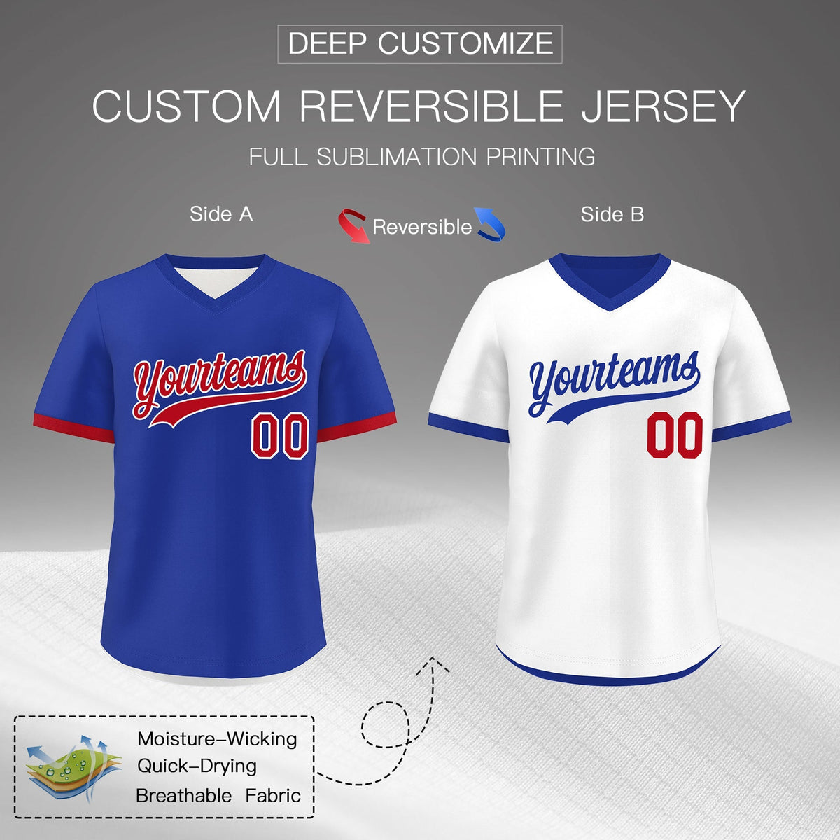 Custom Royal Blue White Red Reversible Classic Style Breathable Baseball Jersey| KXKSHOP