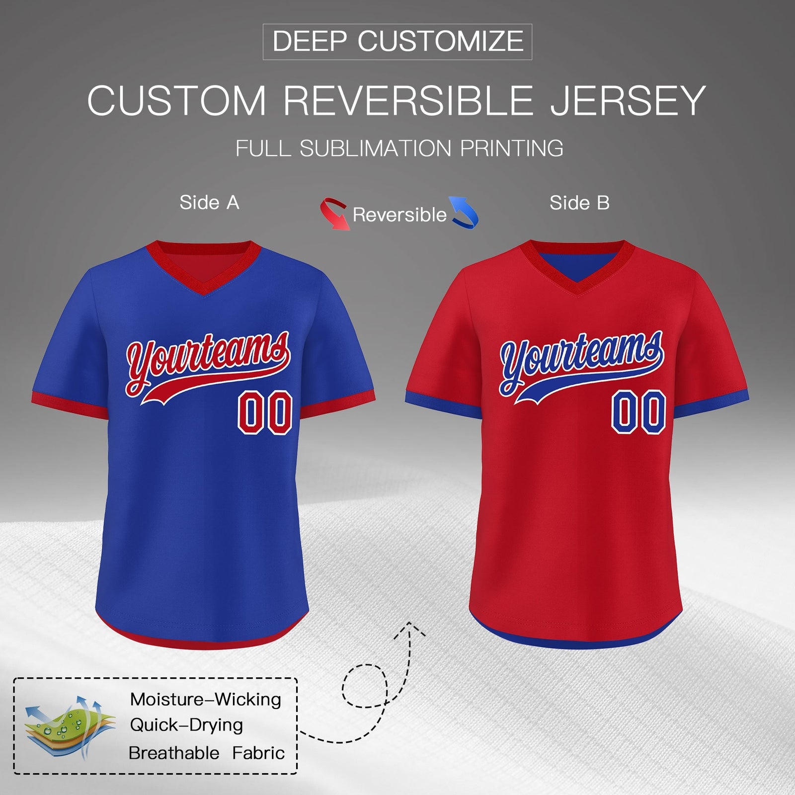 Custom Royal Blue Red Reversible Classic Style Quick Dry Baseball Jersey| KXKSHOP
