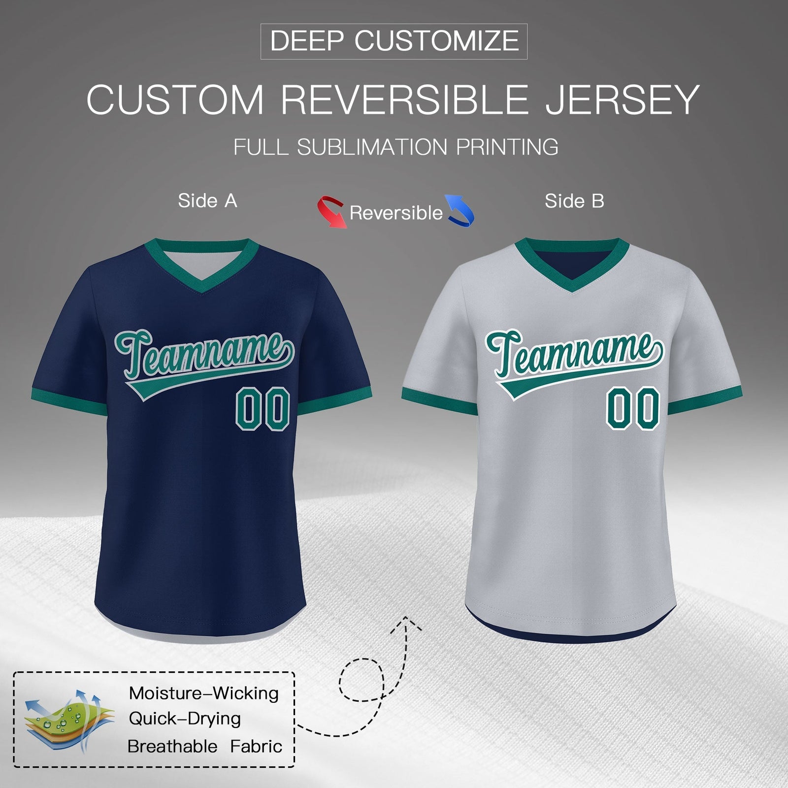 Custom Teal Silver Reversible Classic Style Quick Dry Baseball Jersey| KXKSHOP