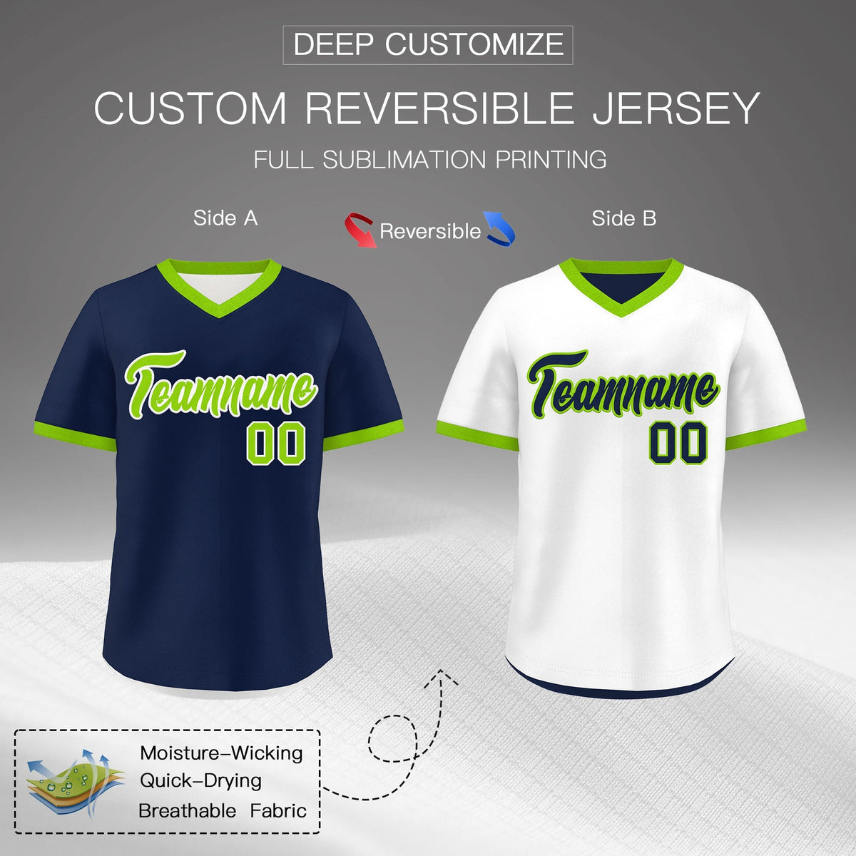Custom White Navy Neon Green Reversible Classic Style Quick Dry Baseball Jersey| KXKSHOP
