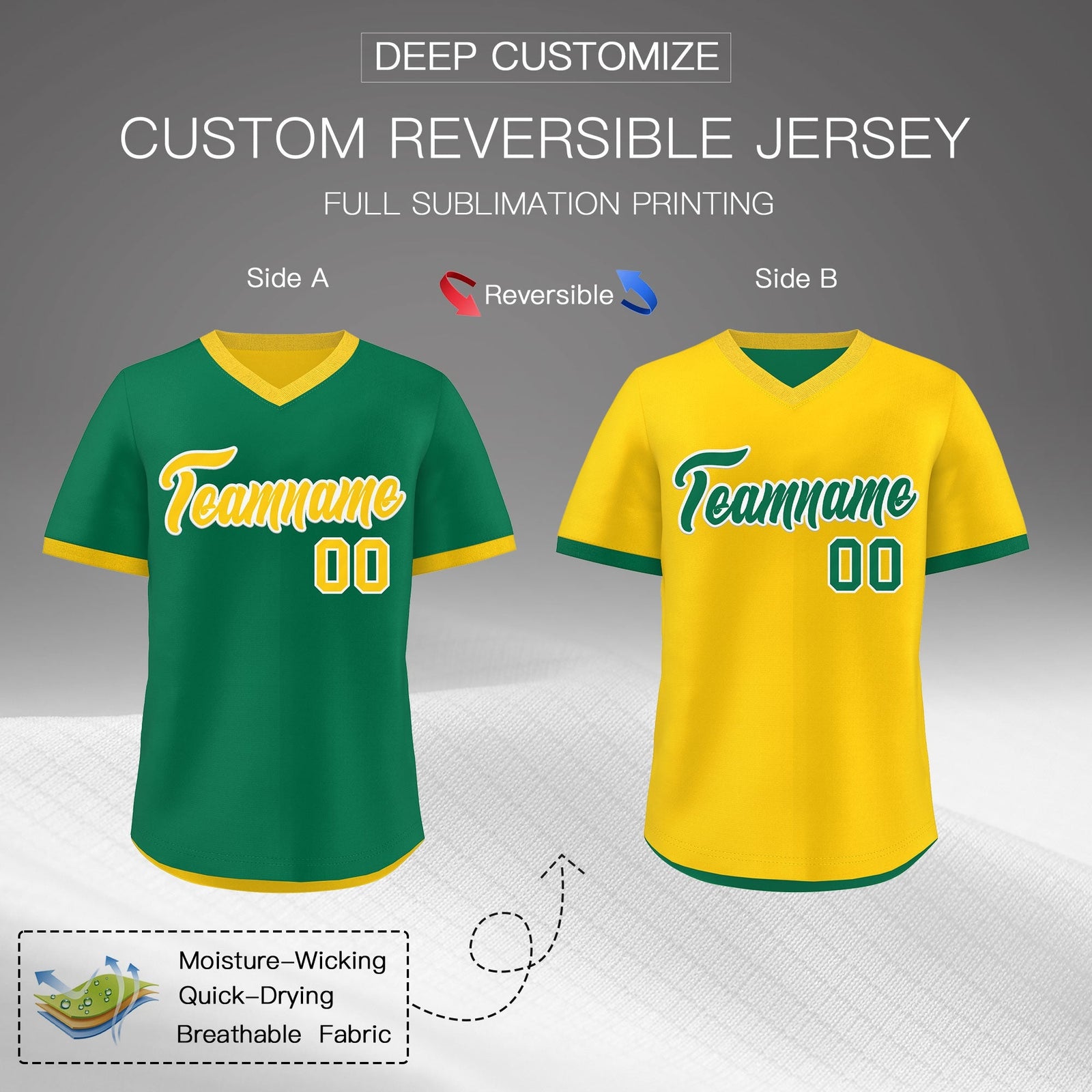Custom Kelly Green Gold Reversible Classic Style Quick Dry Baseball Jersey| KXKSHOP