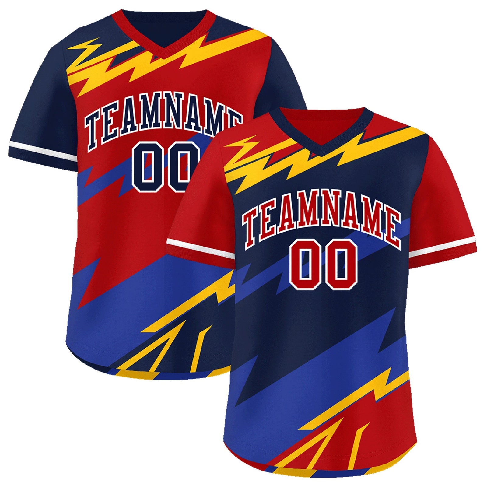 Custom Navy Red Yellow Reversible Tops Lightning Pattern Graffiti Pattern Pullover V-Neck Baseball Jersey| KXKSHOP