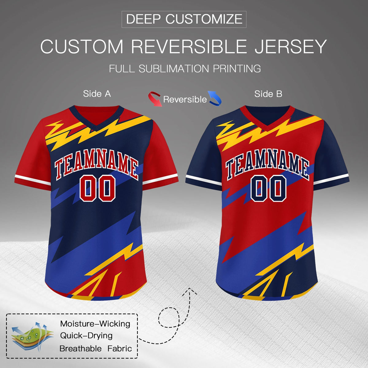Custom Navy Red Yellow Reversible Tops Lightning Pattern Graffiti Pattern Pullover V-Neck Baseball Jersey| KXKSHOP