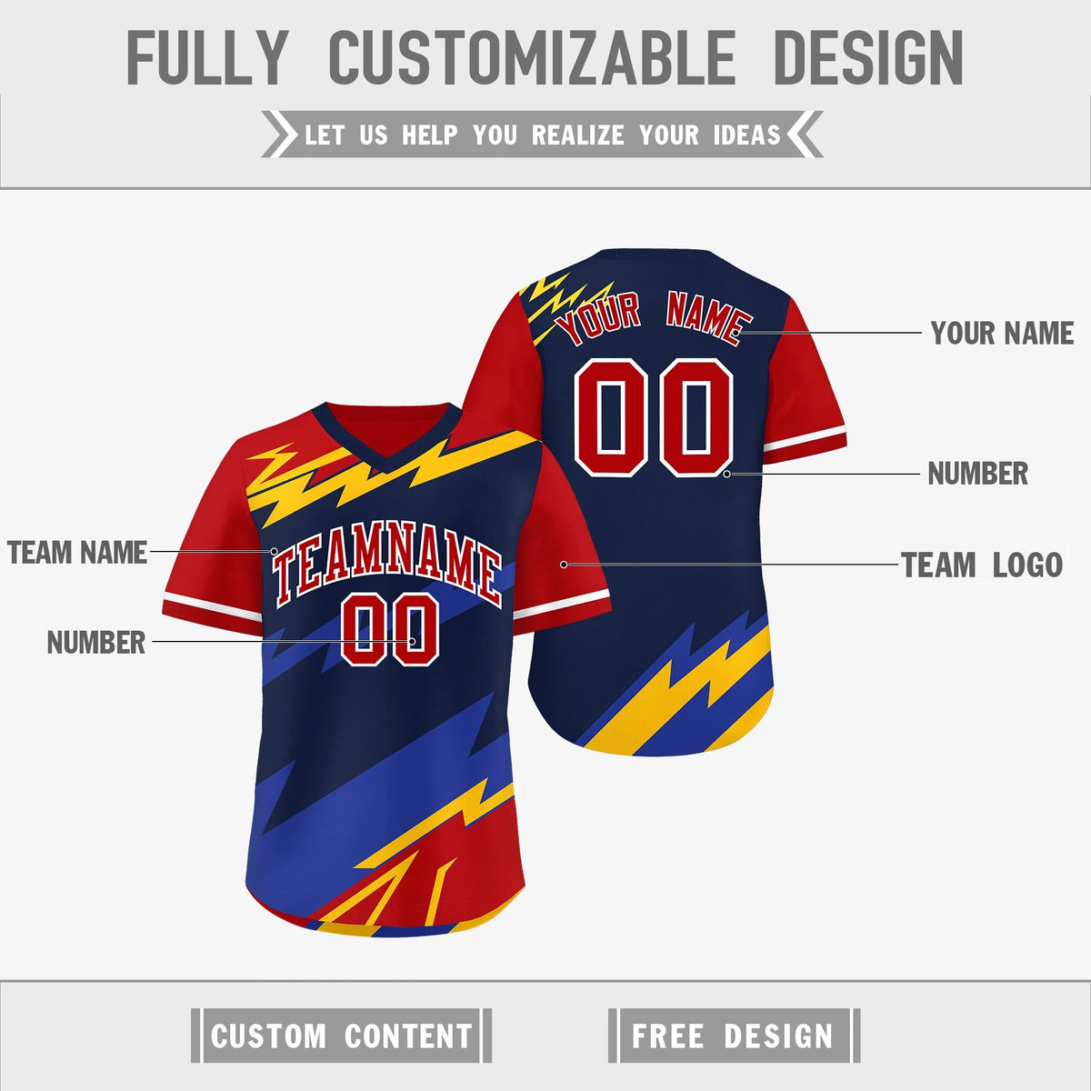Custom Navy Red Yellow Reversible Tops Lightning Pattern Graffiti Pattern Pullover V-Neck Baseball Jersey| KXKSHOP