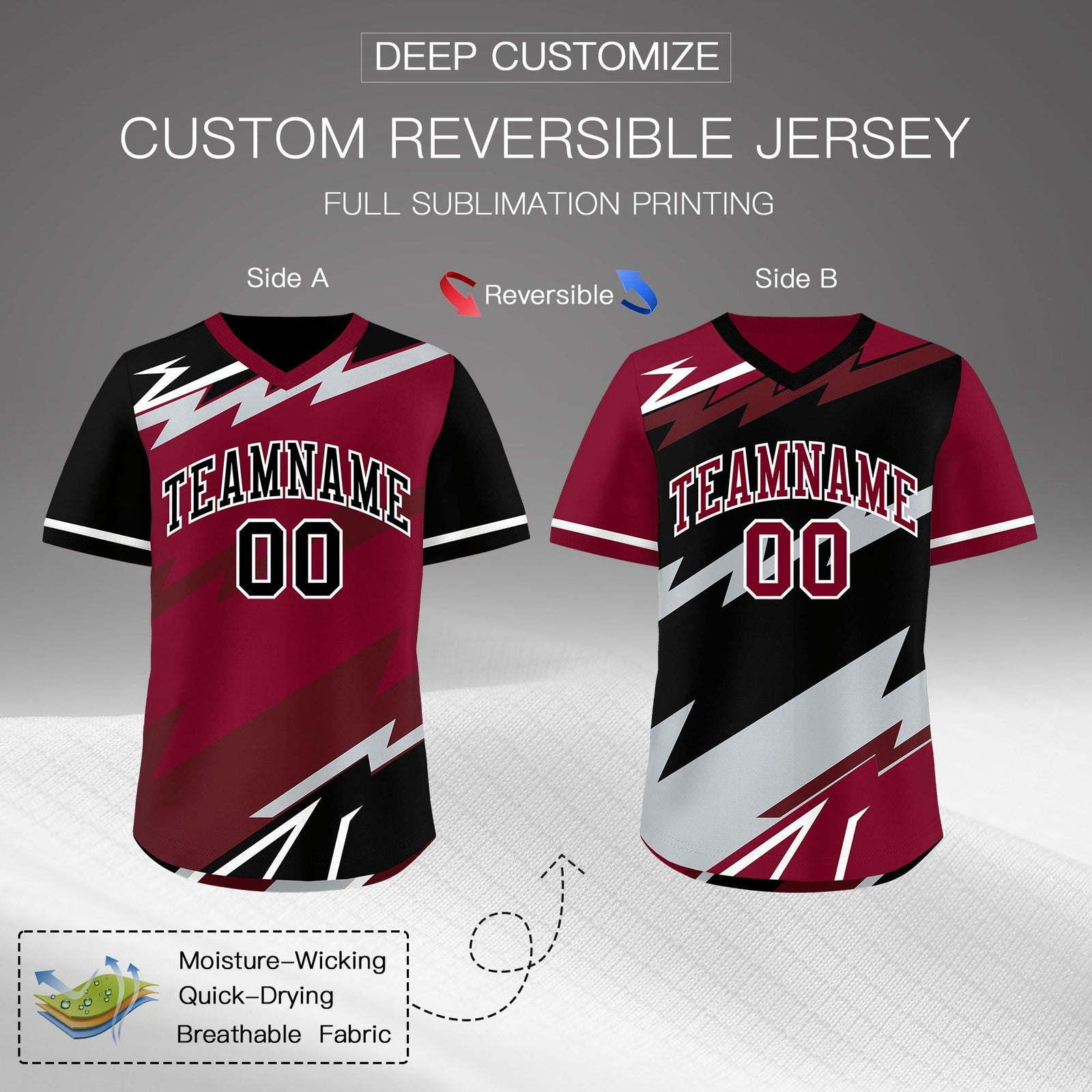 Custom Crimson Black Burgundy Reversible Tops Lightning Pattern Graffiti Pattern Pullover V-Neck Baseball Jersey| KXKSHOP