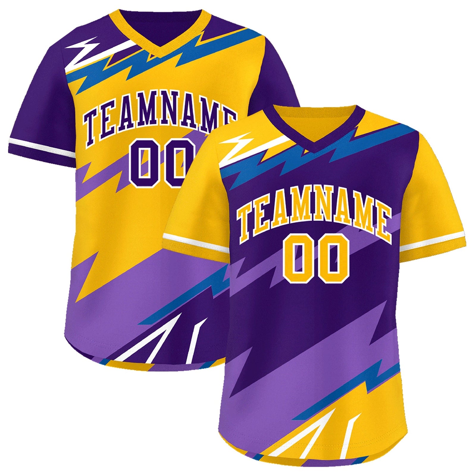 Custom Purple Royal Yellow Reversible Tops Lightning Pattern Graffiti Pattern Pullover V-Neck Baseball Jersey| KXKSHOP