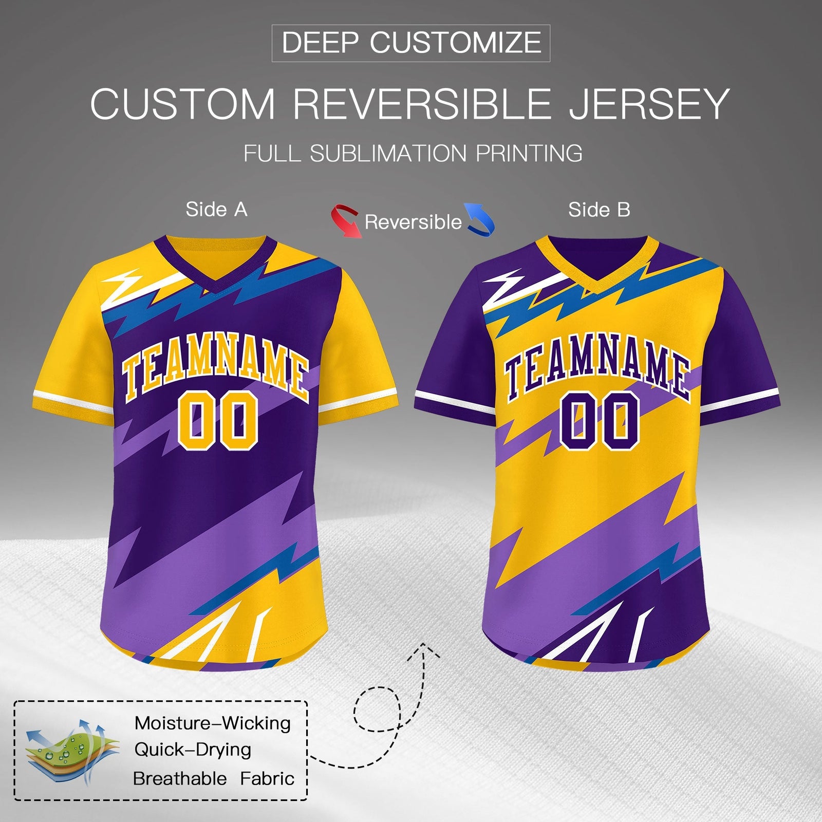 Custom Purple Royal Yellow Reversible Tops Lightning Pattern Graffiti Pattern Pullover V-Neck Baseball Jersey| KXKSHOP