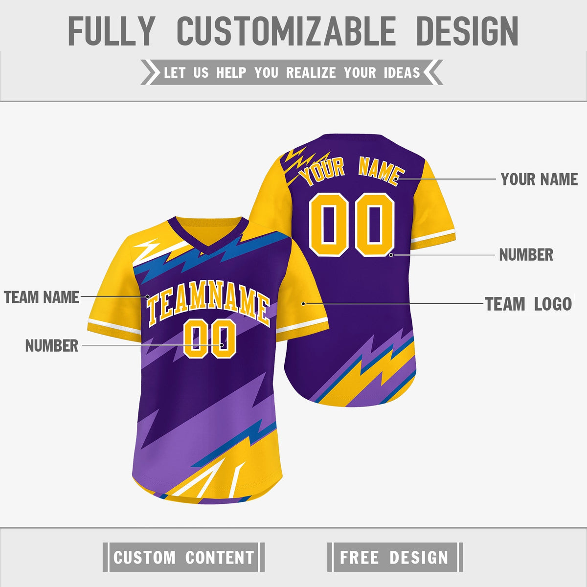 Custom Purple Royal Yellow Reversible Tops Lightning Pattern Graffiti Pattern Pullover V-Neck Baseball Jersey| KXKSHOP