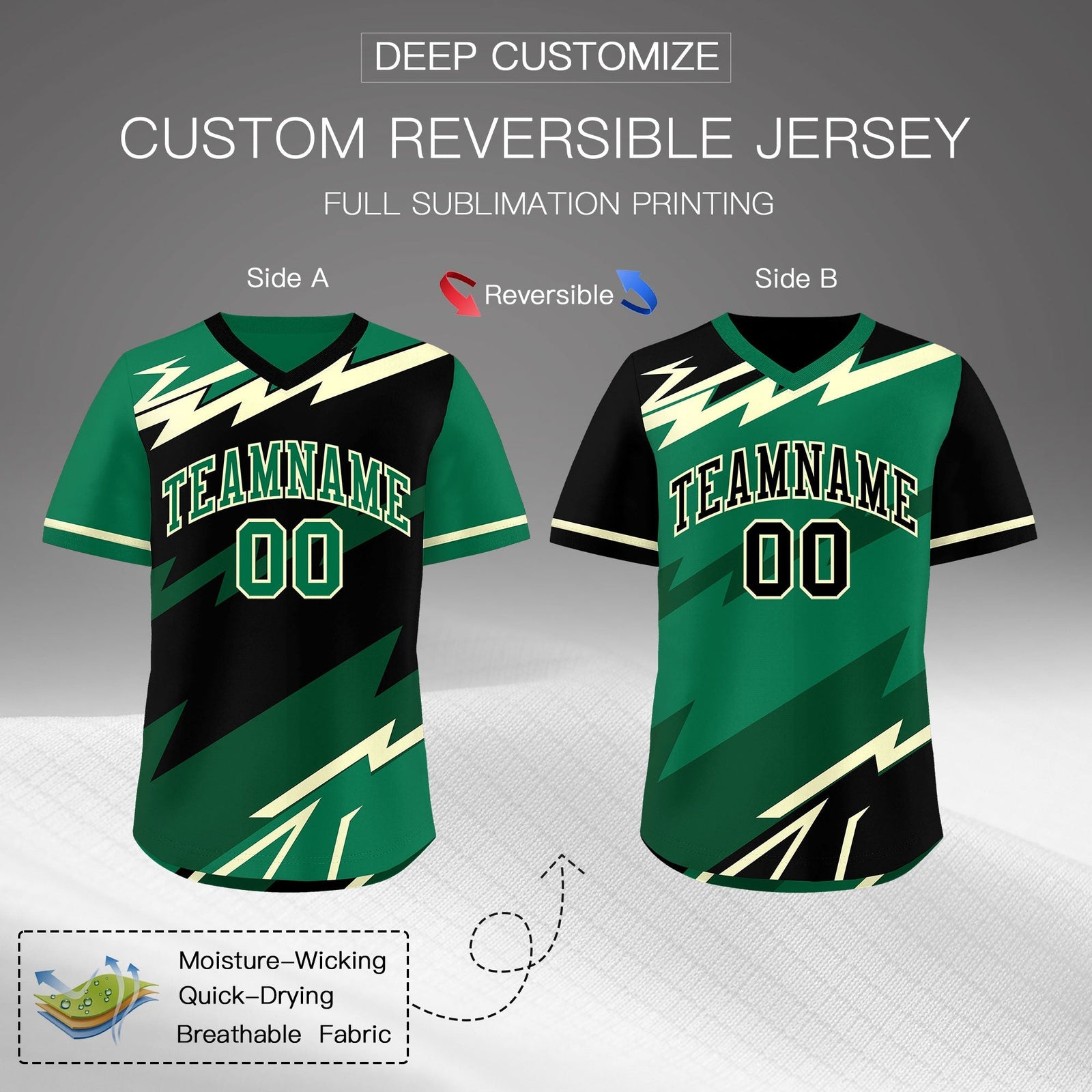 Custom Black Kelly Green Cream Reversible Tops Lightning Pattern Graffiti Pattern Pullover V-Neck Baseball Jersey| KXKSHOP