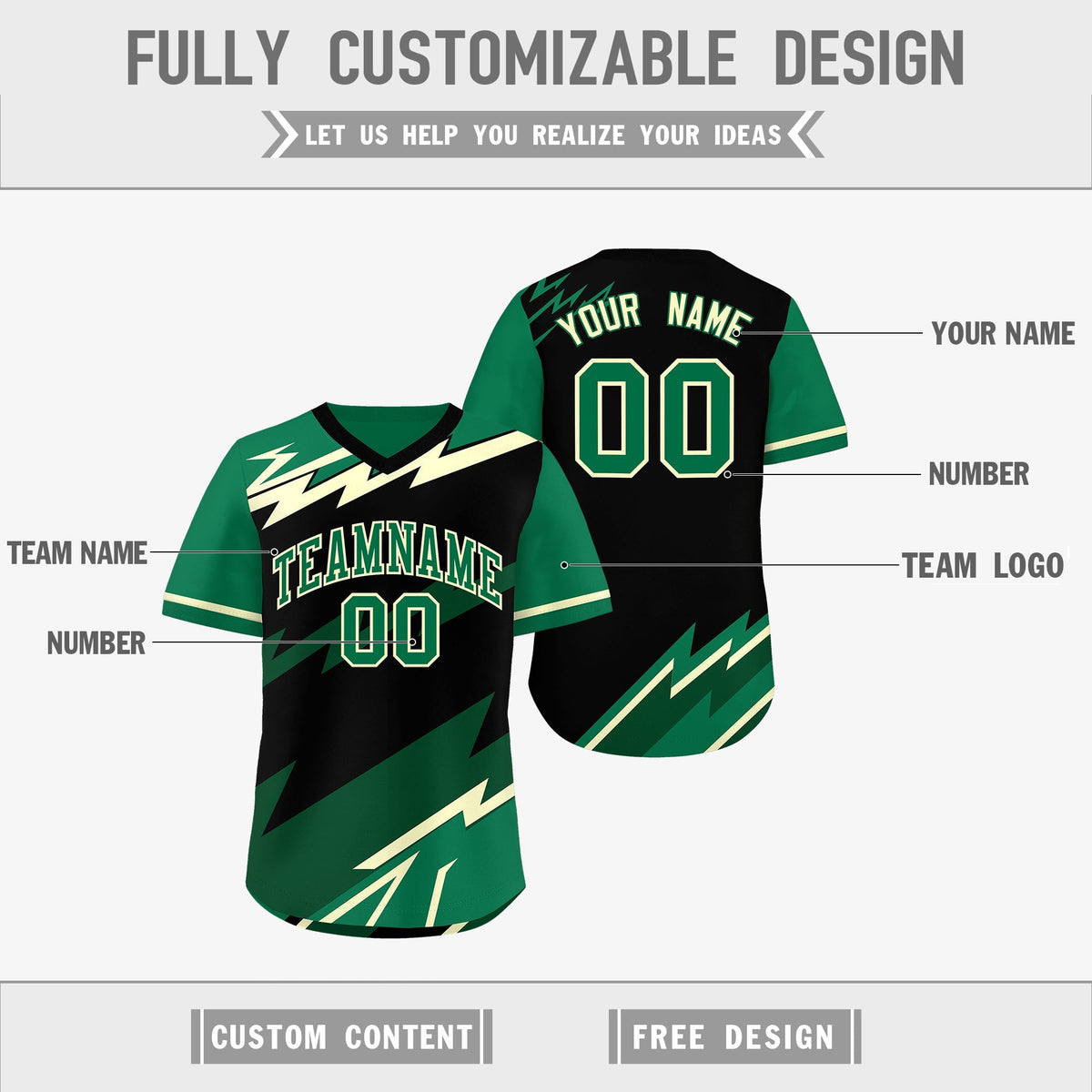 Custom Black Kelly Green Cream Reversible Tops Lightning Pattern Graffiti Pattern Pullover V-Neck Baseball Jersey| KXKSHOP