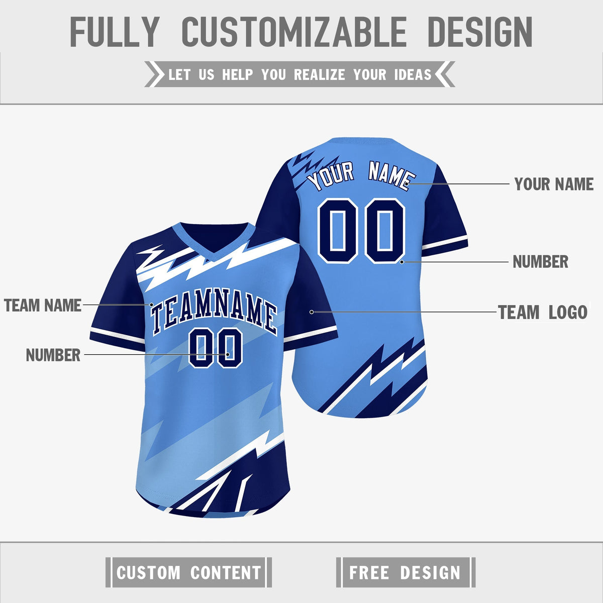 Custom Light Blue Powder Blue White Reversible Tops Lightning Pattern Graffiti Pattern Pullover V-Neck Baseball Jersey| KXKSHOP