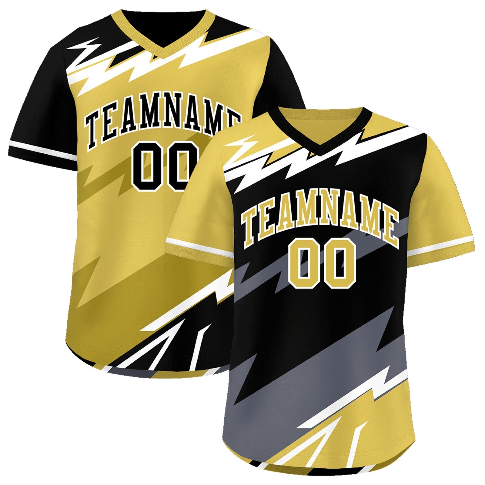 Custom Black Old Gold Gray Reversible Tops Lightning Pattern Graffiti Pattern Pullover V-Neck Baseball Jersey| KXKSHOP