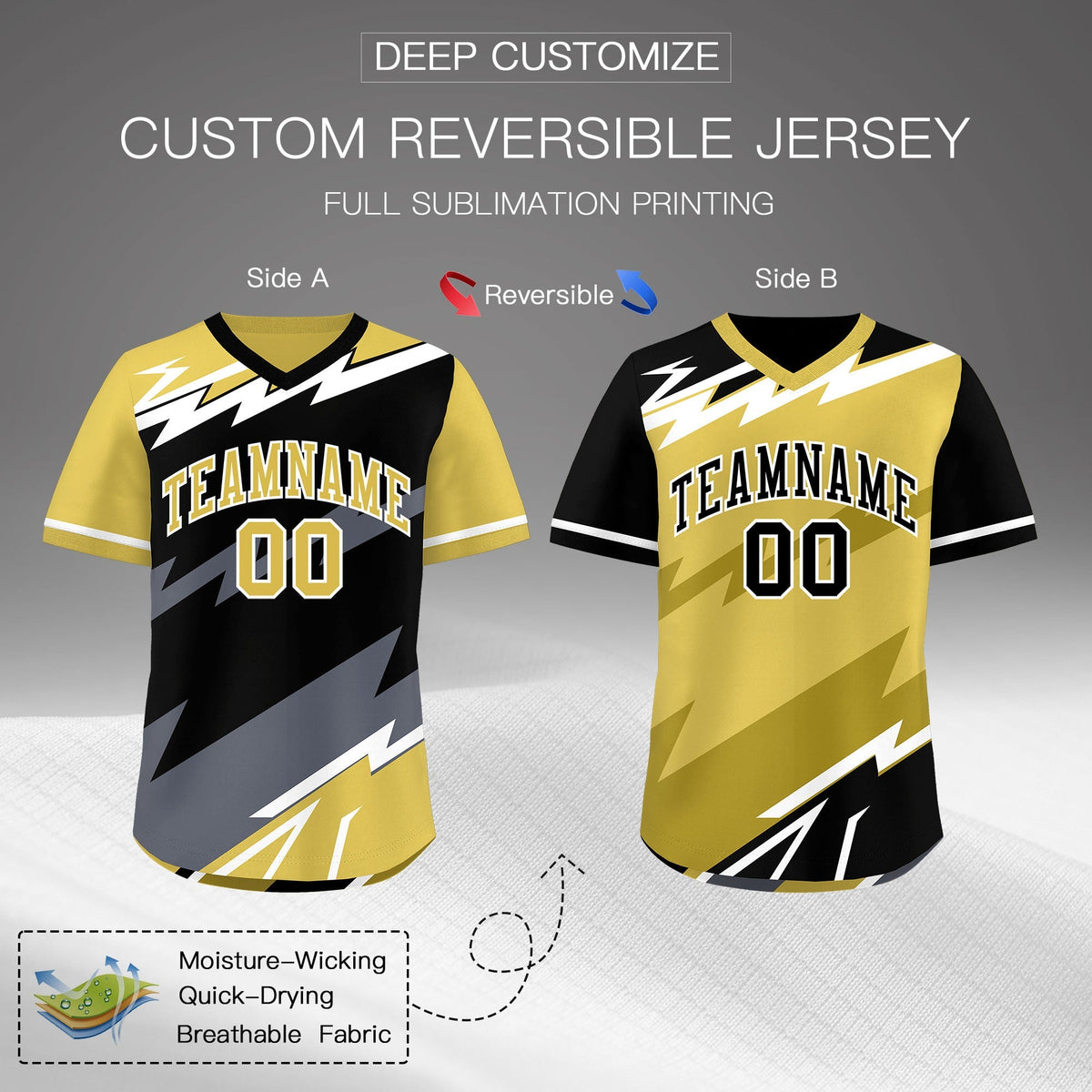 Custom Black Old Gold Gray Reversible Tops Lightning Pattern Graffiti Pattern Pullover V-Neck Baseball Jersey| KXKSHOP