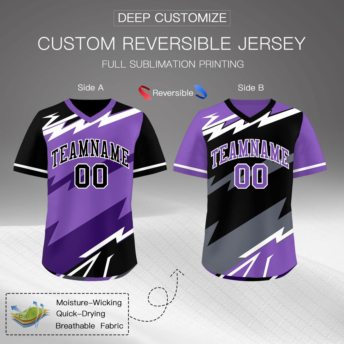 Custom Purple Black White Reversible Tops Lightning Pattern Graffiti Pattern Pullover V-Neck Baseball Jersey| KXKSHOP