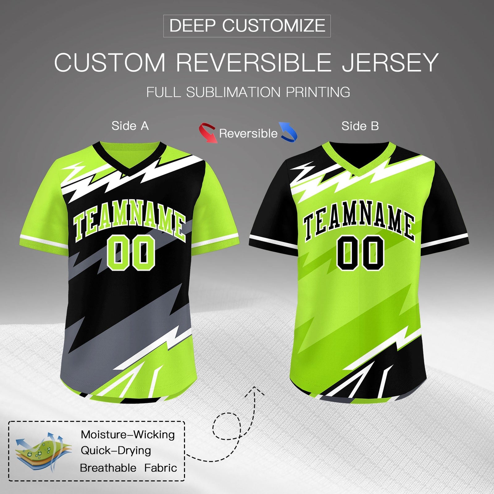 Custom Black Neon Green Gray Reversible Tops Lightning Pattern Graffiti Pattern Pullover V-Neck Baseball Jersey| KXKSHOP