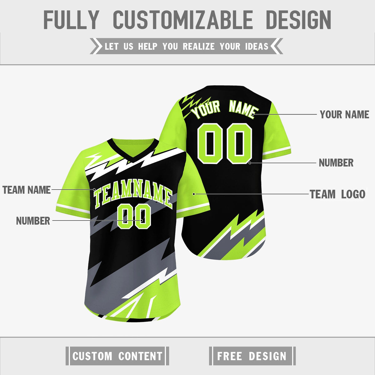 Custom Black Neon Green Gray Reversible Tops Lightning Pattern Graffiti Pattern Pullover V-Neck Baseball Jersey| KXKSHOP