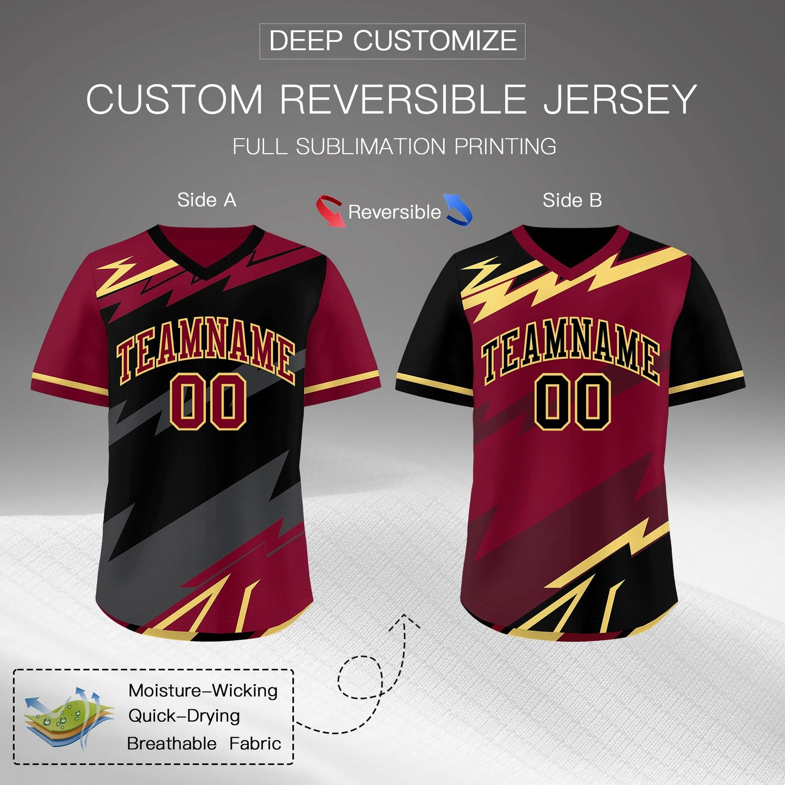 Custom Black Gray Crimson Reversible Tops Lightning Pattern Graffiti Pattern Pullover V-Neck Baseball Jersey| KXKSHOP