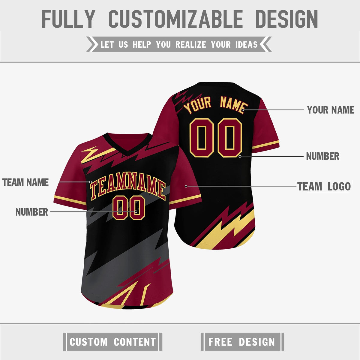 Custom Black Gray Crimson Reversible Tops Lightning Pattern Graffiti Pattern Pullover V-Neck Baseball Jersey| KXKSHOP