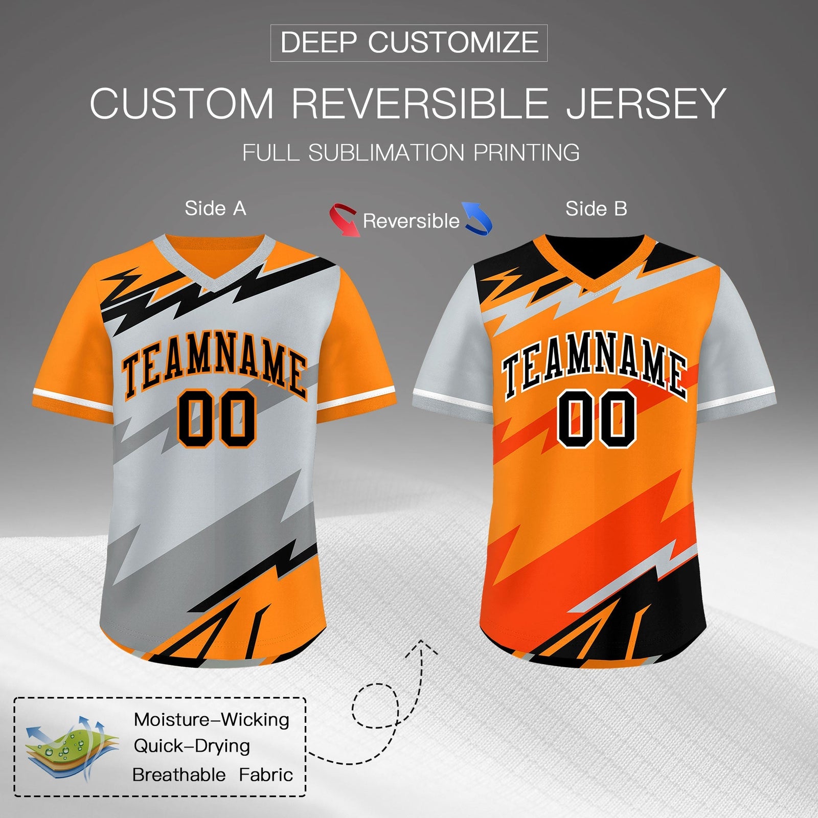 Custom Silver Orange Gray Reversible Tops Lightning Pattern Graffiti Pattern Pullover V-Neck Baseball Jersey| KXKSHOP