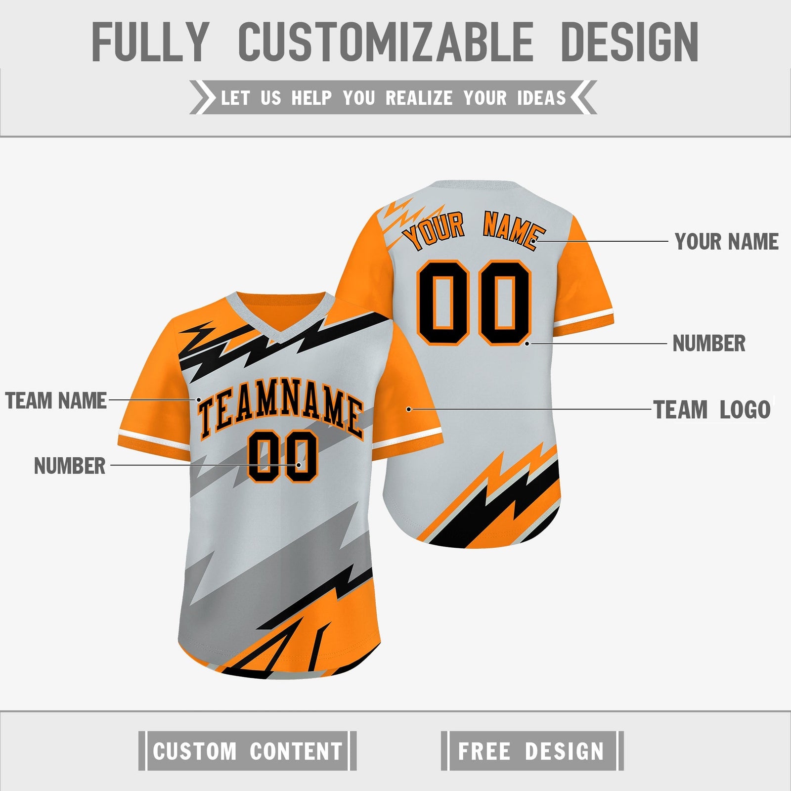Custom Silver Orange Gray Reversible Tops Lightning Pattern Graffiti Pattern Pullover V-Neck Baseball Jersey| KXKSHOP