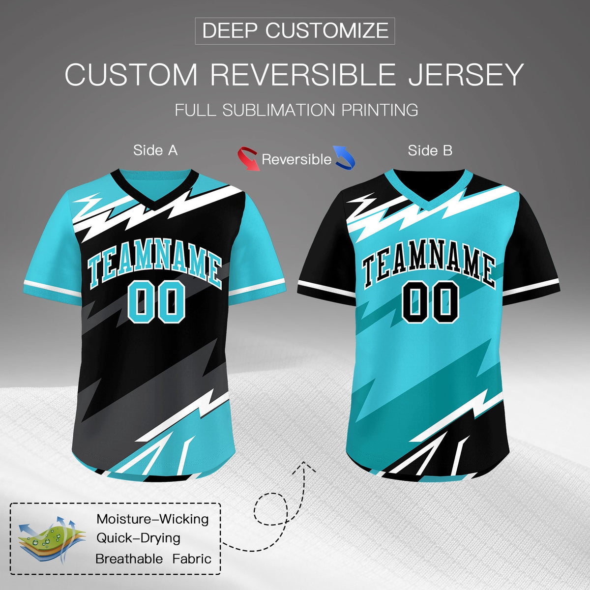 Custom Black Sky Blue Gray Reversible Tops Lightning Pattern Graffiti Pattern Pullover V-Neck Baseball Jersey| KXKSHOP