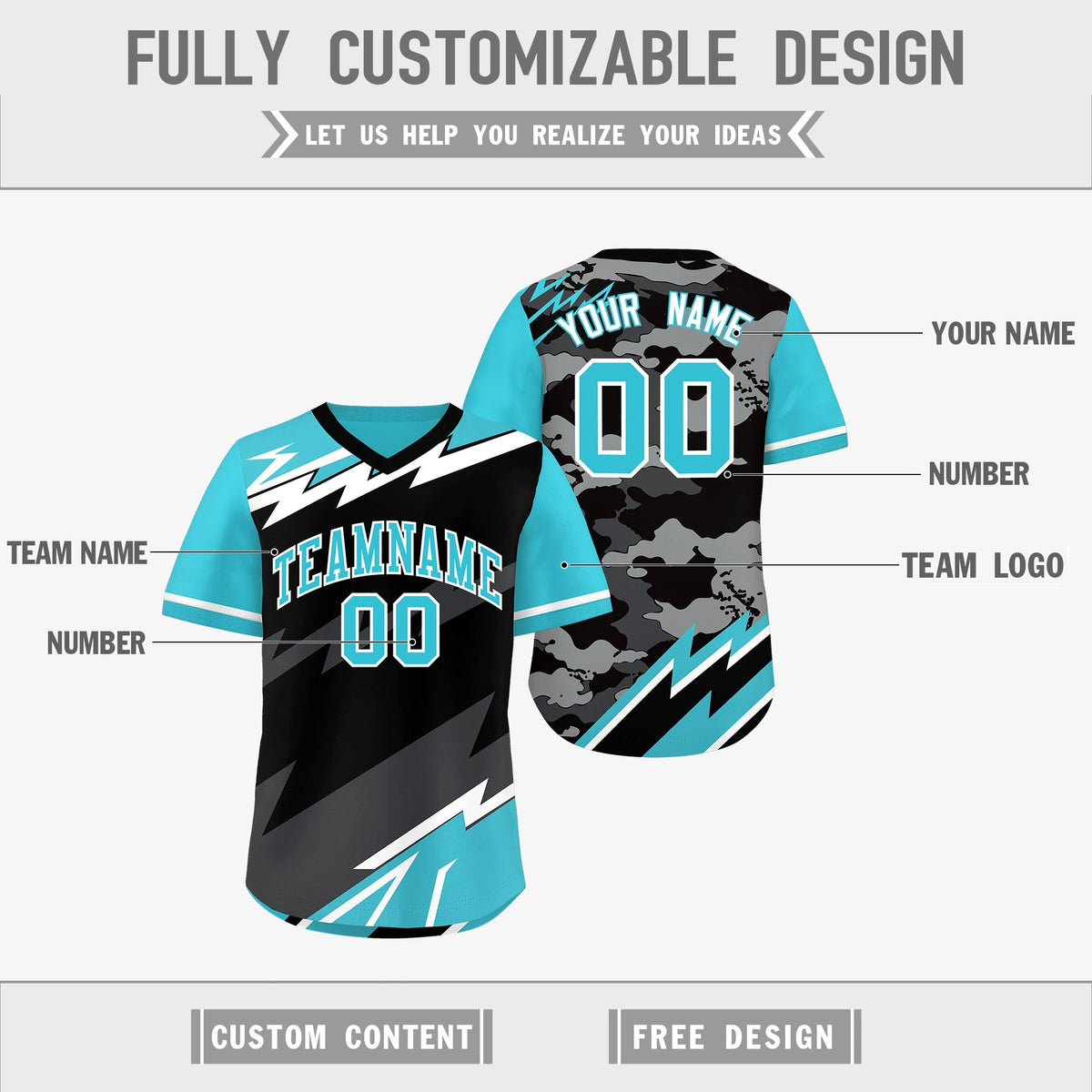 Custom Black Sky Blue Gray Reversible Tops Lightning Pattern Graffiti Pattern Pullover V-Neck Baseball Jersey| KXKSHOP