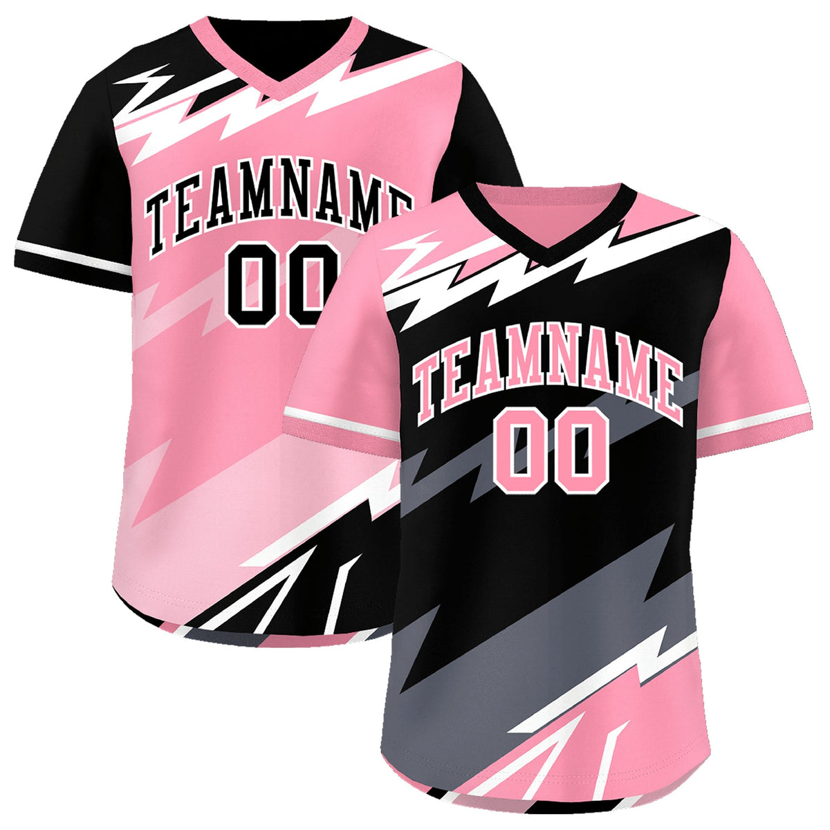Custom Black Light Pink Gray Reversible Tops Lightning Pattern Graffiti Pattern Pullover V-Neck Baseball Jersey| KXKSHOP