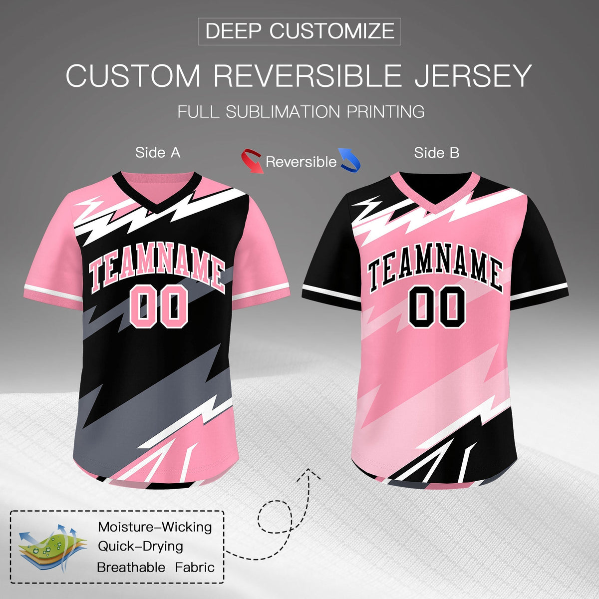 Custom Black Light Pink Gray Reversible Tops Lightning Pattern Graffiti Pattern Pullover V-Neck Baseball Jersey| KXKSHOP
