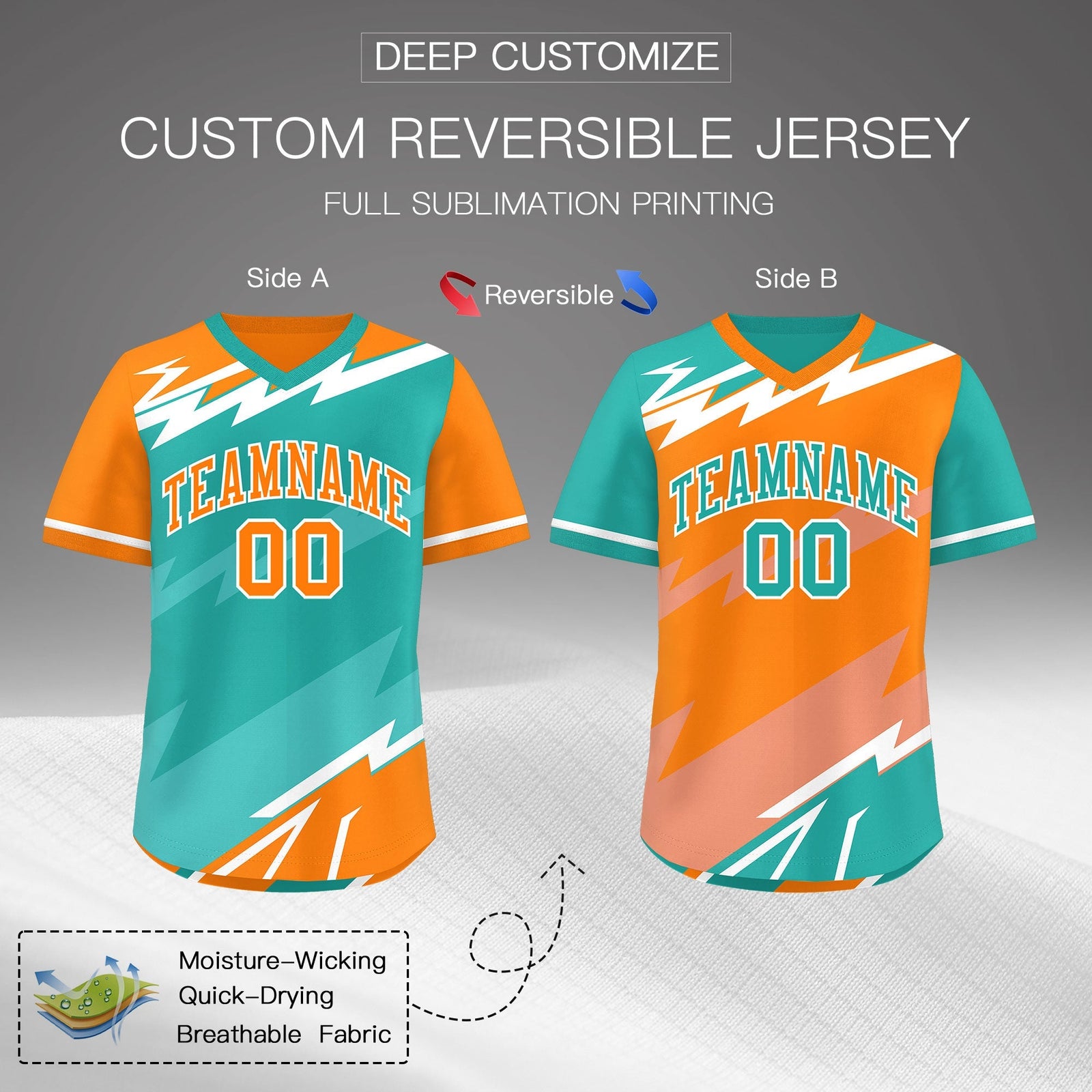Custom Aqua Orange Teal Reversible Tops Lightning Pattern Graffiti Pattern Pullover V-Neck Baseball Jersey| KXKSHOP