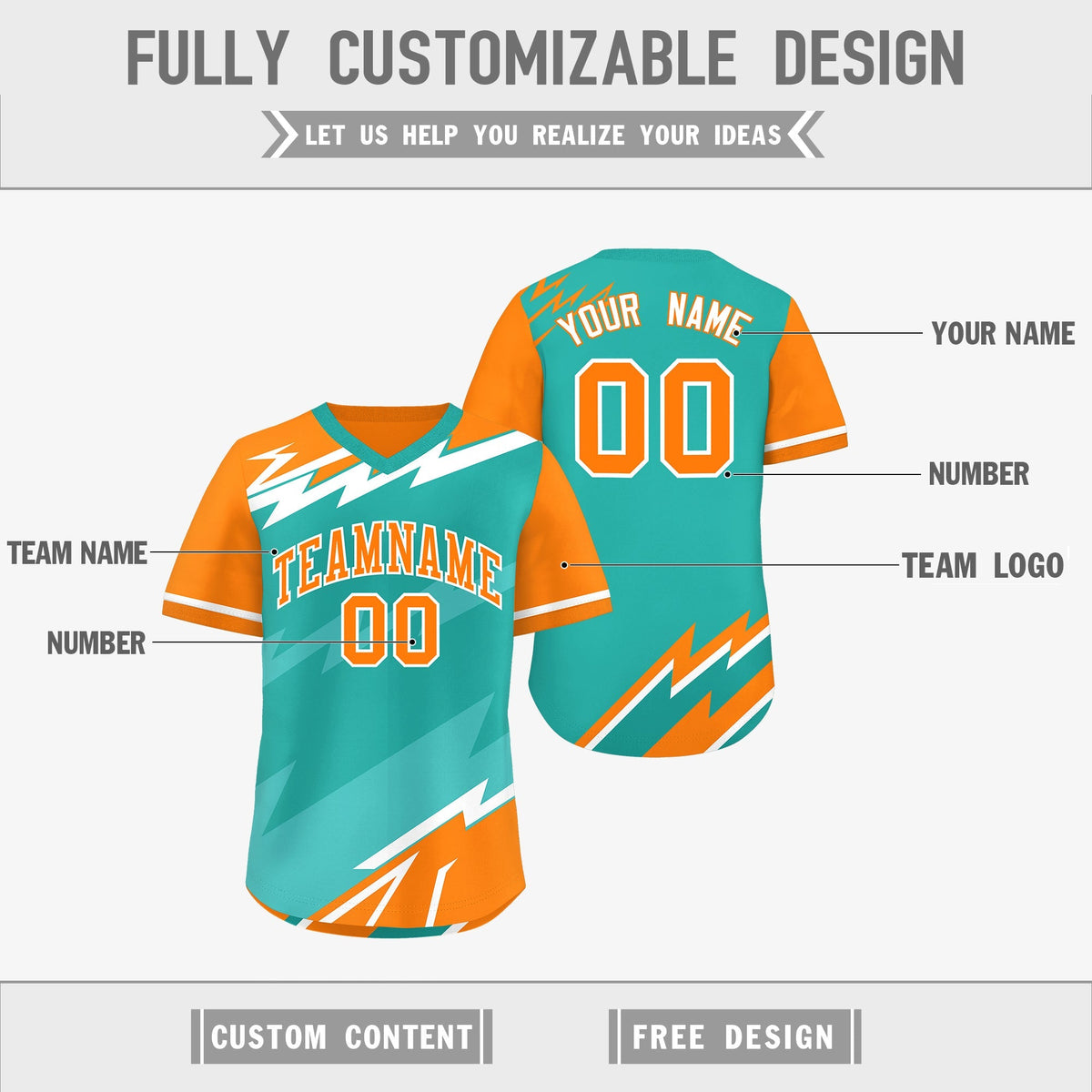 Custom Aqua Orange Teal Reversible Tops Lightning Pattern Graffiti Pattern Pullover V-Neck Baseball Jersey| KXKSHOP