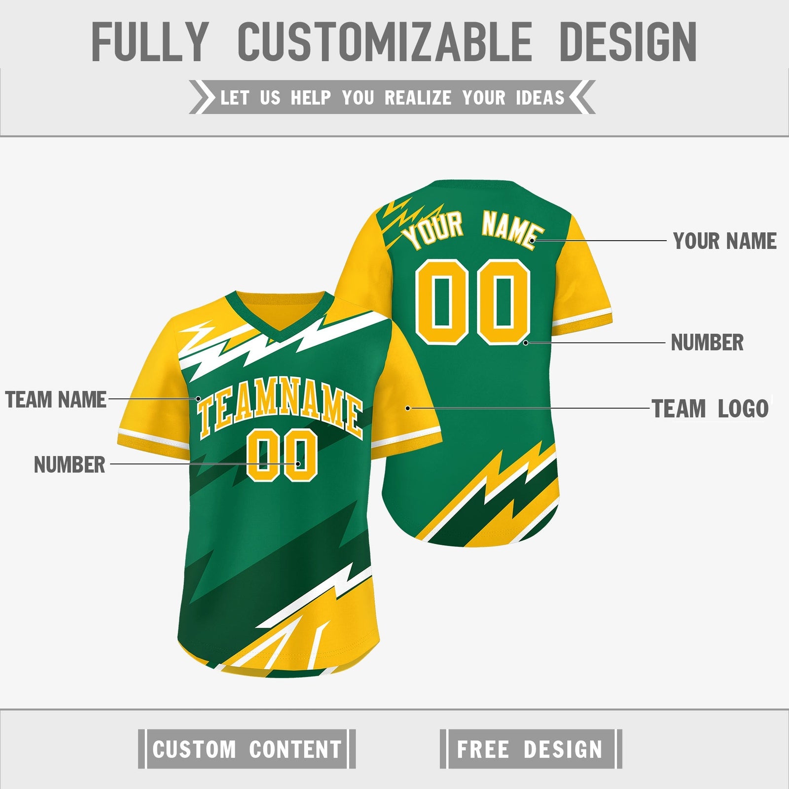 Custom Kelly Green Dark Green Yellow Reversible Tops Lightning Pattern Graffiti Pattern Pullover V-Neck Baseball Jersey| KXKSHOP