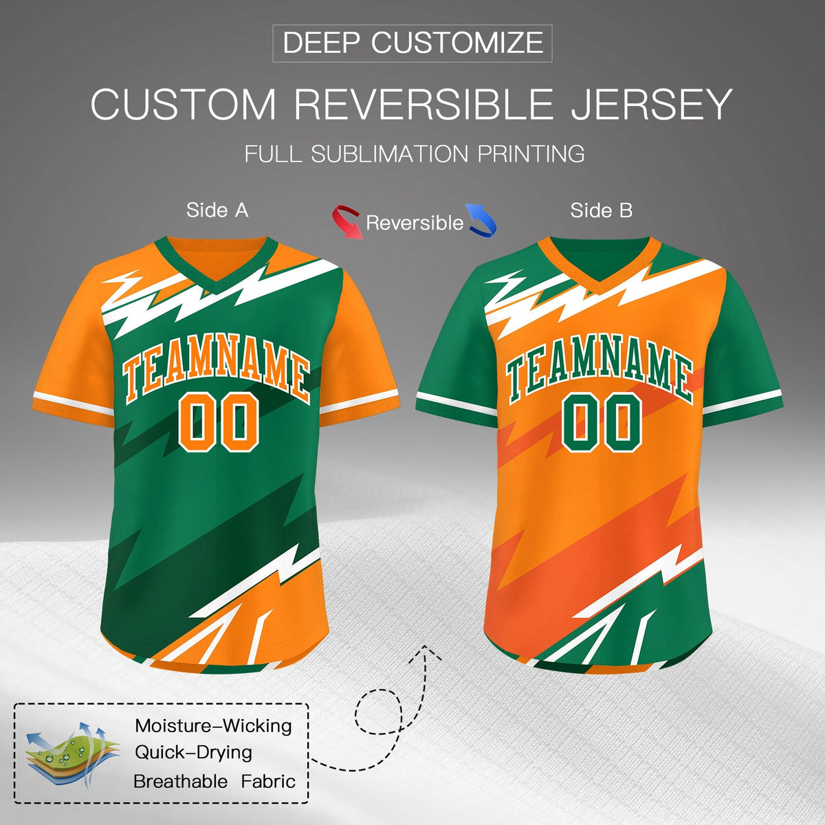Custom Kelly Green Orange Dark Green Reversible Tops Lightning Pattern Graffiti Pattern Pullover V-Neck Baseball Jersey| KXKSHOP