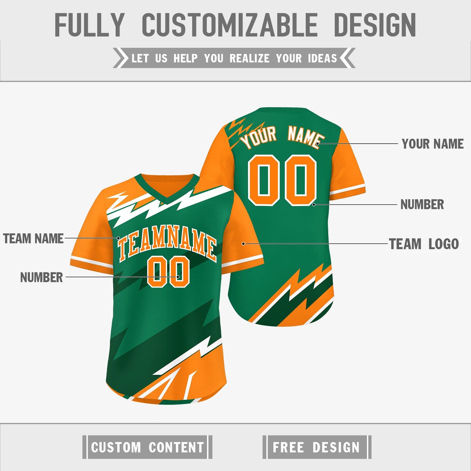 Custom Kelly Green Orange Dark Green Reversible Tops Lightning Pattern Graffiti Pattern Pullover V-Neck Baseball Jersey| KXKSHOP