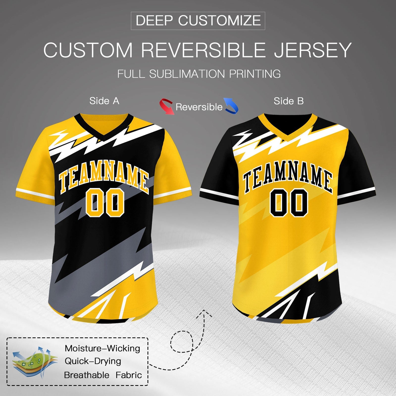 Custom Black Yellow Gray Reversible Tops Lightning Pattern Graffiti Pattern Pullover V-Neck Baseball Jersey| KXKSHOP