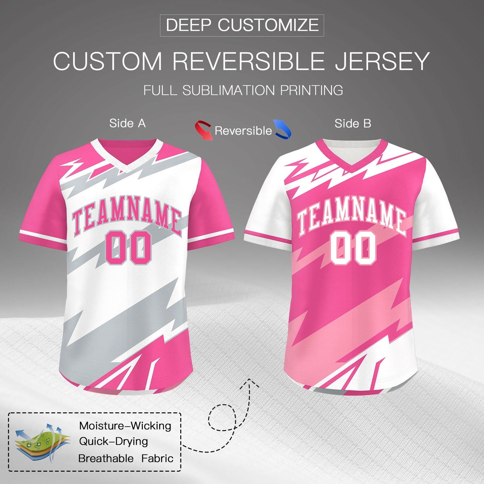 Custom White Pink Silver Reversible Tops Lightning Pattern Graffiti Pattern Pullover V-Neck Baseball Jersey| KXKSHOP