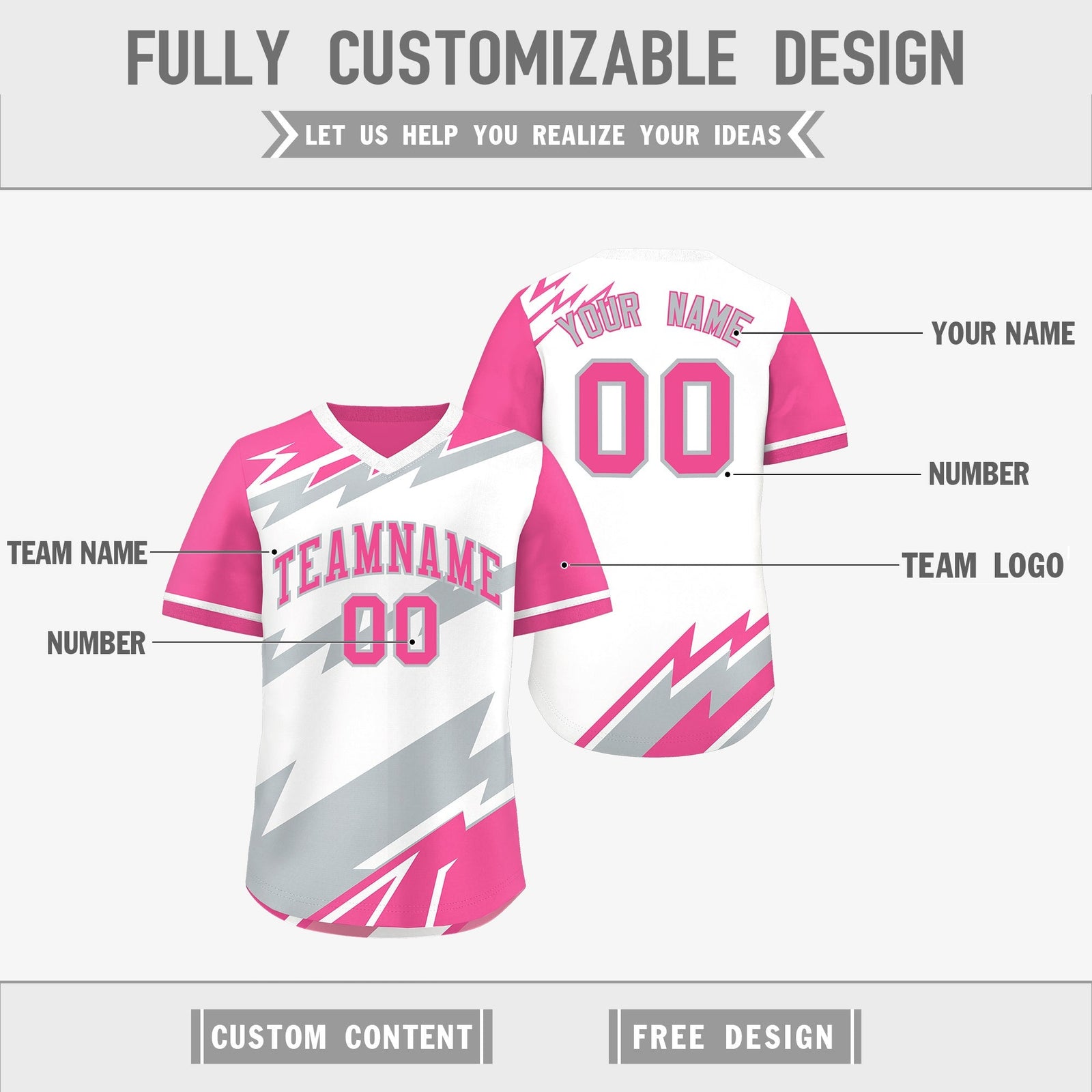 Custom White Pink Silver Reversible Tops Lightning Pattern Graffiti Pattern Pullover V-Neck Baseball Jersey| KXKSHOP