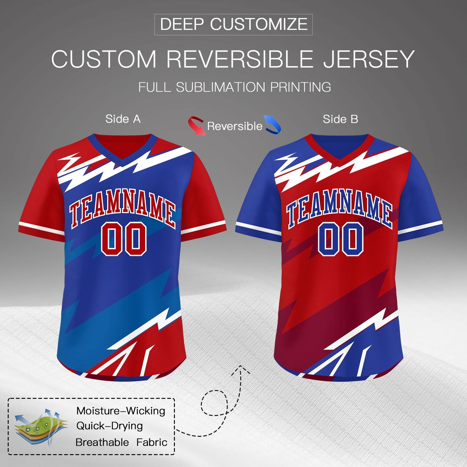 Custom Royal Blue Red Royal Reversible Tops Lightning Pattern Graffiti Pattern Pullover V-Neck Baseball Jersey| KXKSHOP