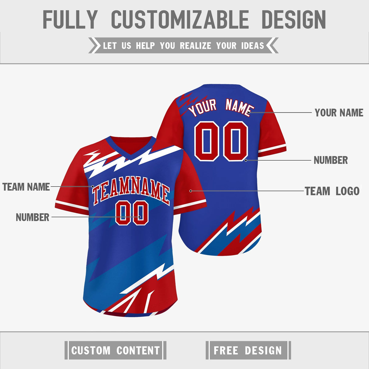 Custom Royal Blue Red Royal Reversible Tops Lightning Pattern Graffiti Pattern Pullover V-Neck Baseball Jersey| KXKSHOP