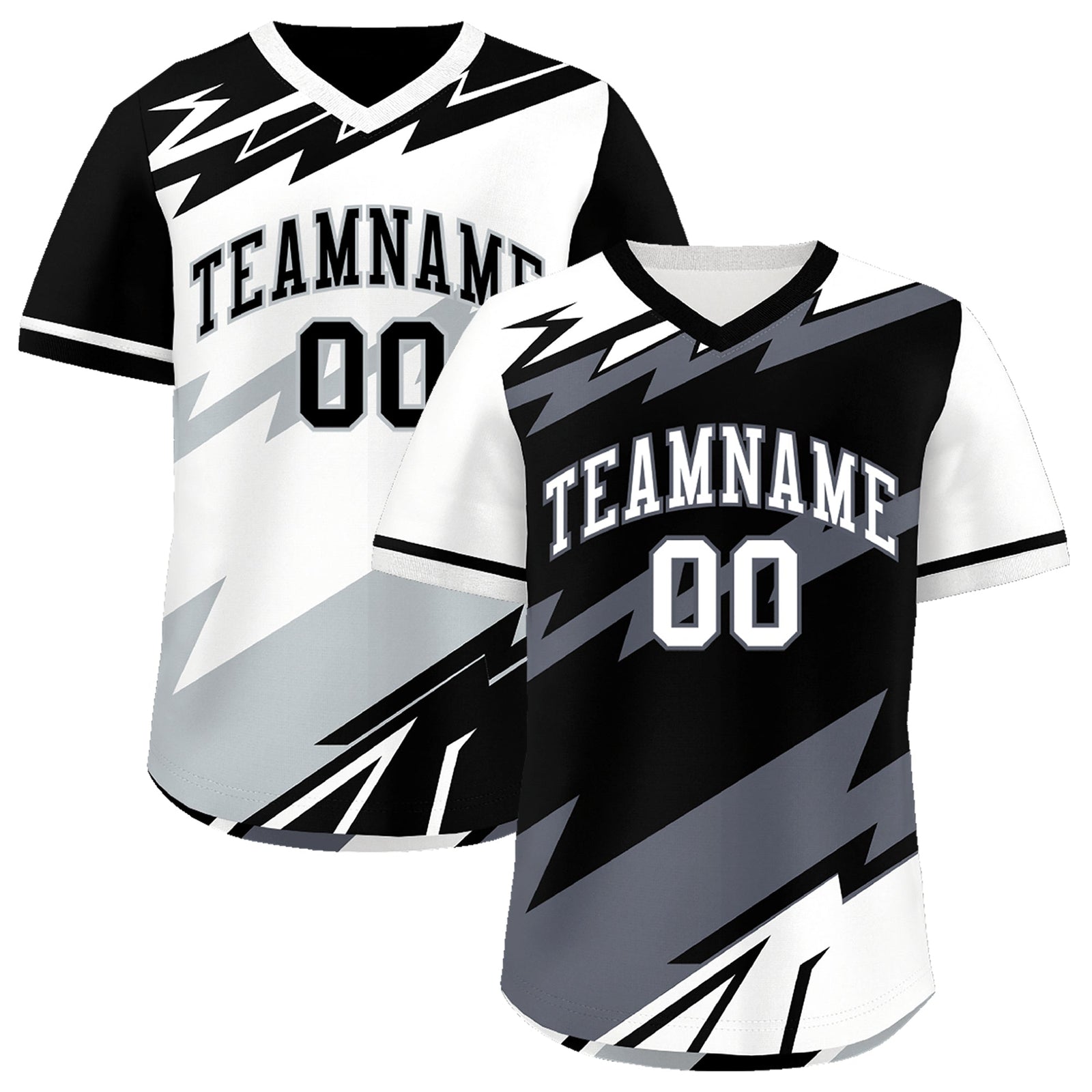 Custom Black White Gray Reversible Tops Lightning Pattern Graffiti Pattern Pullover V-Neck Baseball Jersey| KXKSHOP