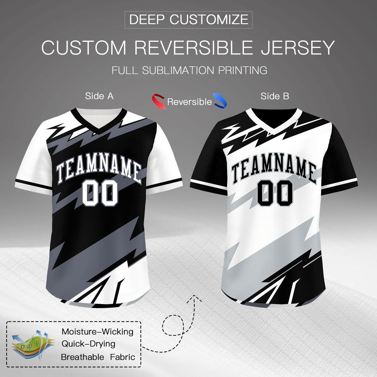 Custom Black White Gray Reversible Tops Lightning Pattern Graffiti Pattern Pullover V-Neck Baseball Jersey| KXKSHOP