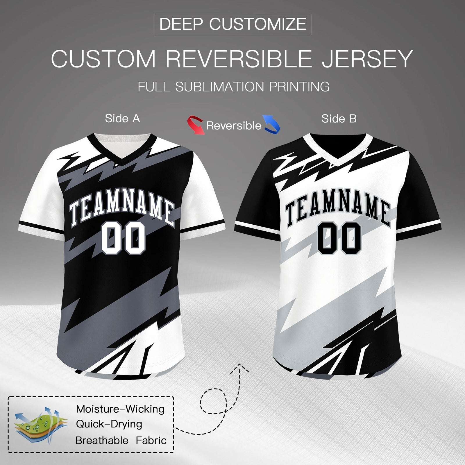 Custom Black White Gray Reversible Tops Lightning Pattern Graffiti Pattern Pullover V-Neck Baseball Jersey| KXKSHOP