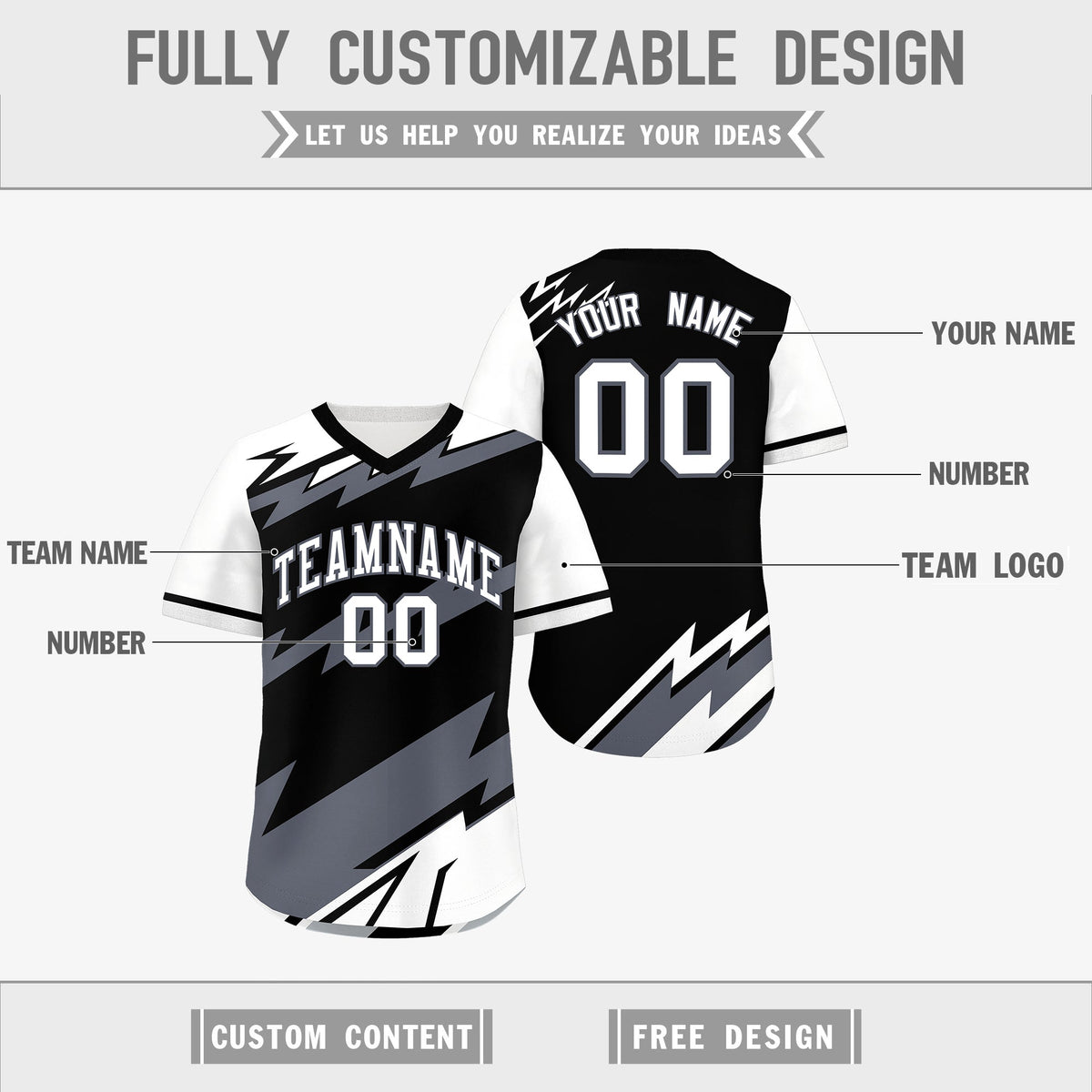 Custom Black White Gray Reversible Tops Lightning Pattern Graffiti Pattern Pullover V-Neck Baseball Jersey| KXKSHOP