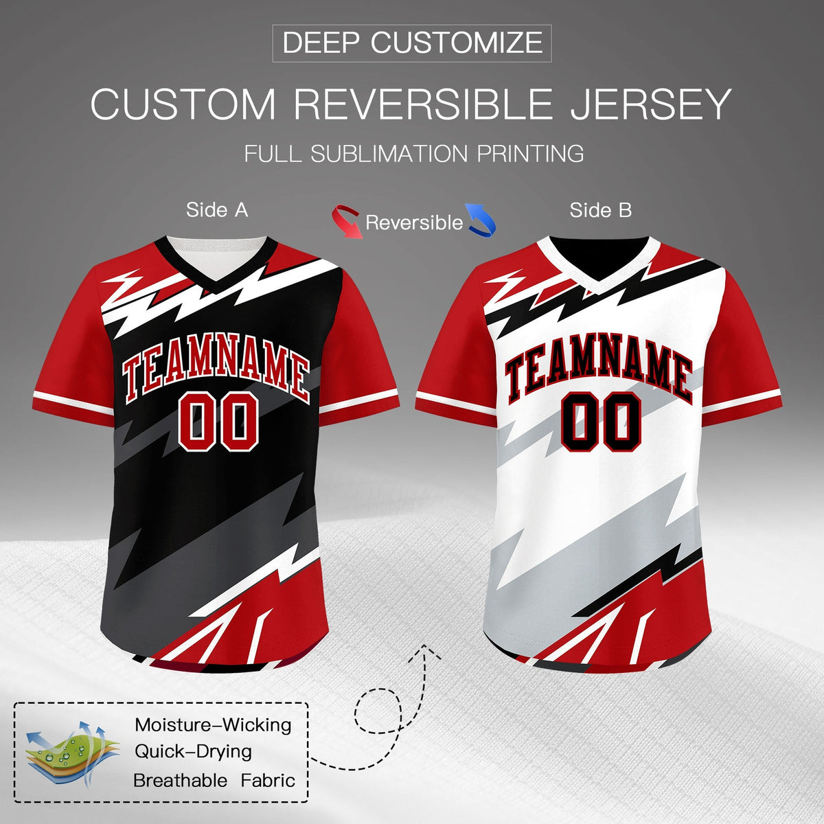 Custom Black White Red Reversible Tops Lightning Pattern Graffiti Pattern Pullover V-Neck Baseball Jersey| KXKSHOP