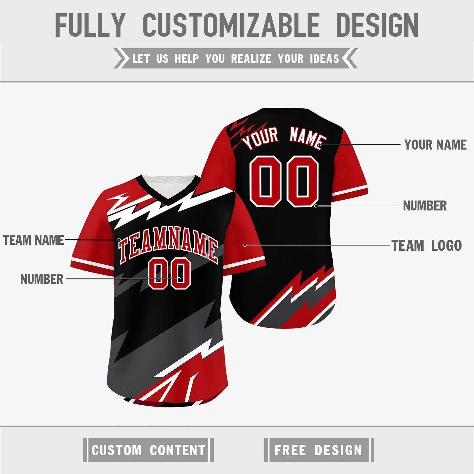 Custom Black White Red Reversible Tops Lightning Pattern Graffiti Pattern Pullover V-Neck Baseball Jersey| KXKSHOP