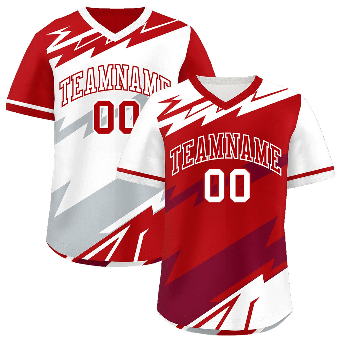 Custom Red White Crimson Reversible Tops Lightning Pattern Graffiti Pattern Pullover V-Neck Baseball Jersey| KXKSHOP