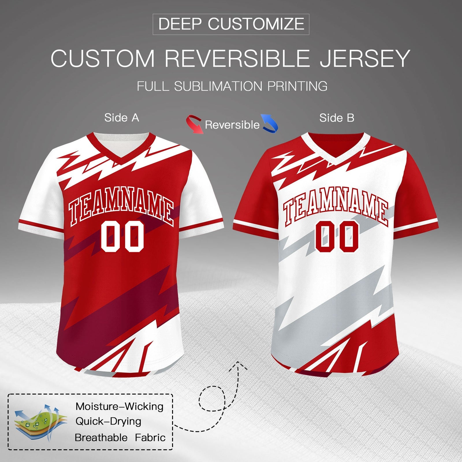 Custom Red White Crimson Reversible Tops Lightning Pattern Graffiti Pattern Pullover V-Neck Baseball Jersey| KXKSHOP