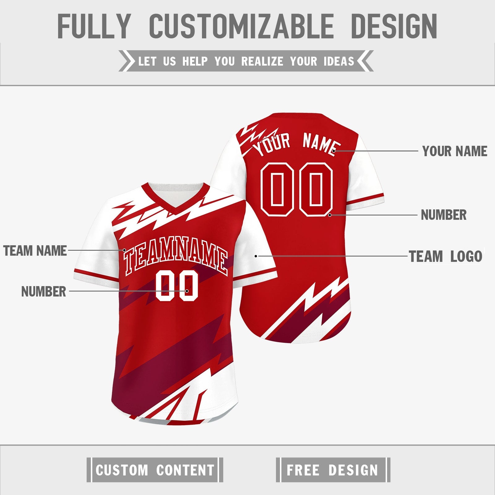 Custom Red White Crimson Reversible Tops Lightning Pattern Graffiti Pattern Pullover V-Neck Baseball Jersey| KXKSHOP